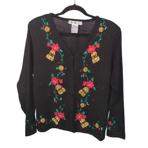 OHI Woman black embroidered poinsettia and holly Christmas cardigan sweater. Vtg